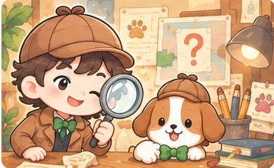 돋보기를 든 꼬마 탐정과 강아지의 CP3 그림